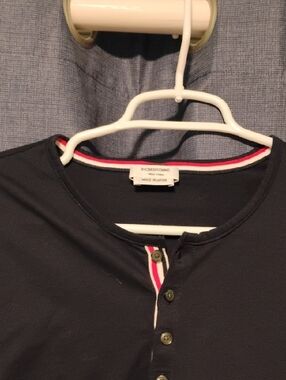 Thom Browne Navy Short-Sleeve Henley with Red-White Trim